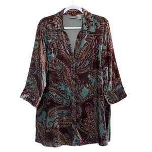 Chico's 2 Velvet Paisley Button Down Tunic Shirt Rich Multicolored Chic Size L